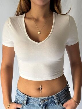 White V-Neck Short Sleeve Cropped Tee